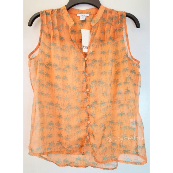 Sheer Tropical Palm Tree Print Sleeveless Top, Button Front, Orange & Green NWT - Picture 2 of 7